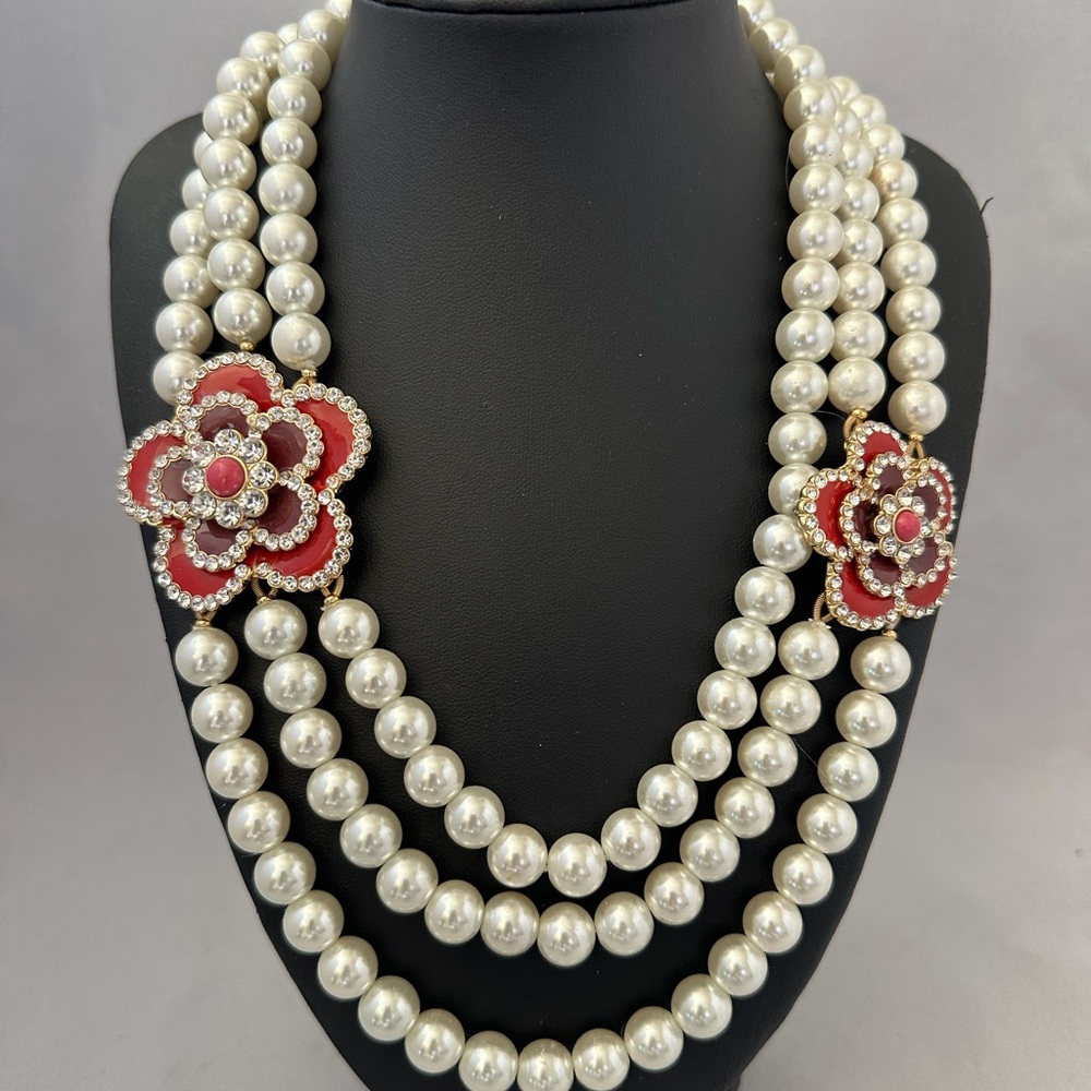 Talbots White Pearl Multi-Strand Necklace with Red Floral Accents
